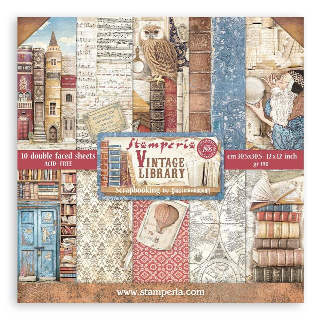 Stamperia Double-Sided Paper Pad 12"X12" 10/Pkg-Vintage Library, 10 Designs/1 Each